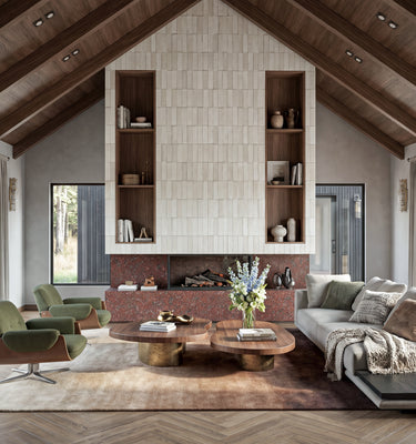 Modern living room with wooden ceiling, large windows, and a fireplace. Modern Mountain Home, THE HUT COMPANY