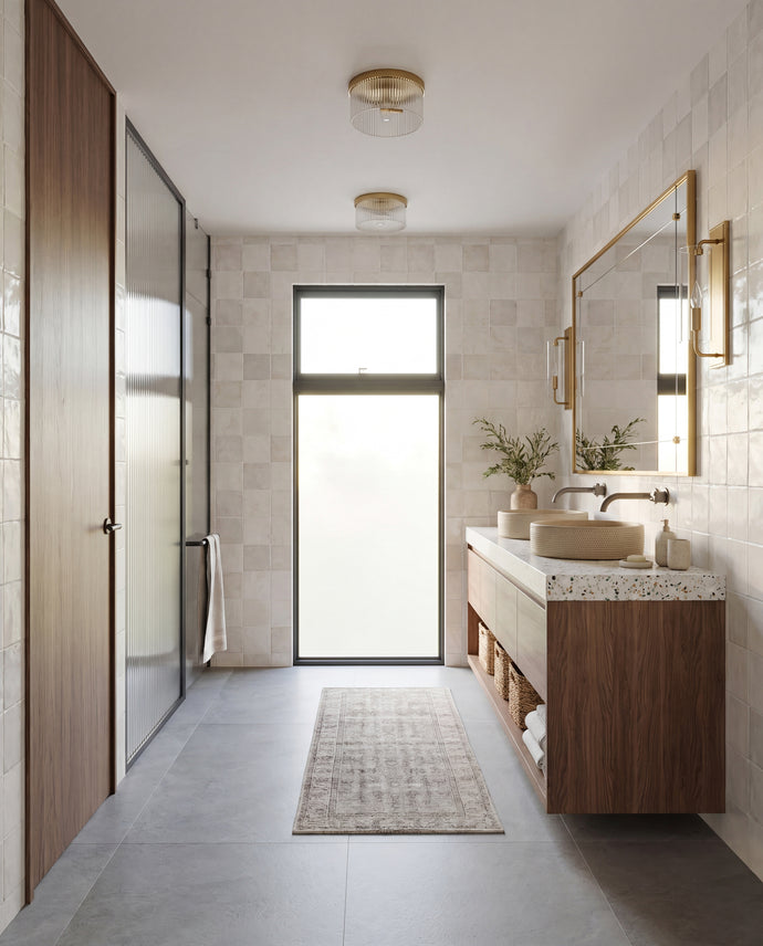 Modern bathroom with wooden vanity, large mirror, and glass shower door. Modern Mountain Home. THE HUT COMPANY