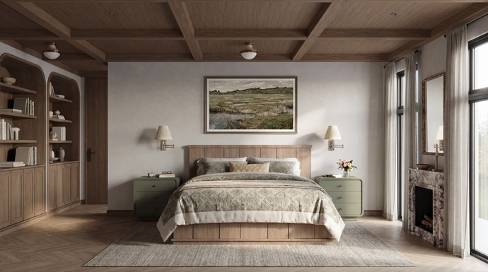 Modern bedroom with wooden bed, shelves, and a fireplace. Modern Mountain Home, THE HUT COMPANY