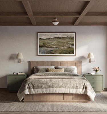 Modern bedroom with wooden bed, shelves, and a fireplace. Modern Mountain Home, THE HUT COMPANY