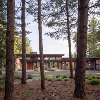 The Car's Collector is a modern custom home partially obscured by tall trees in a forest setting.