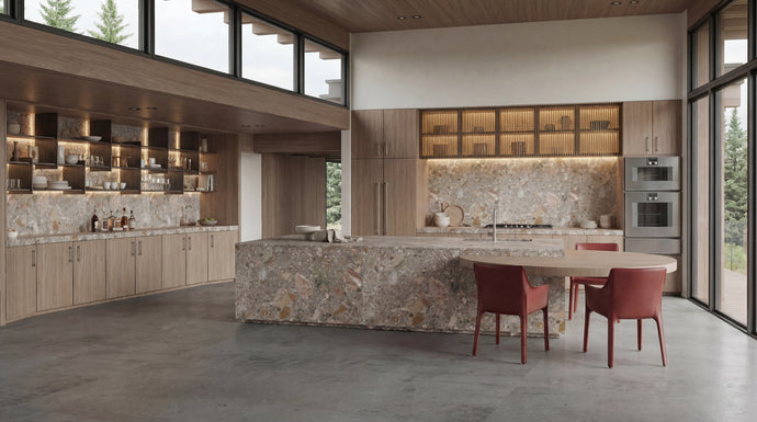 Modern kitchen with stone island and red chairs