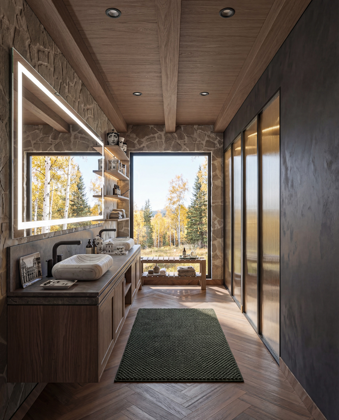 Modern bathroom with stone walls, wooden vanity, and large windows overlooking a forest.