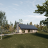 A modern one-story cabin design with black gable roof, sunrrounded by trees and clear area, and an exterior firepit with outdoor furniture