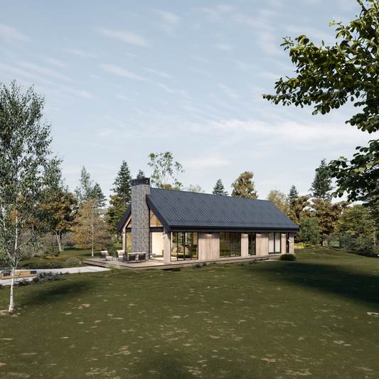 A modern one-story cabin design with black gable roof, sunrrounded by trees and clear area, and an exterior firepit with outdoor furniture