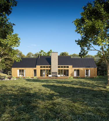 Modern cabin house with wooden exterior and black roof surrounded by trees and greenery