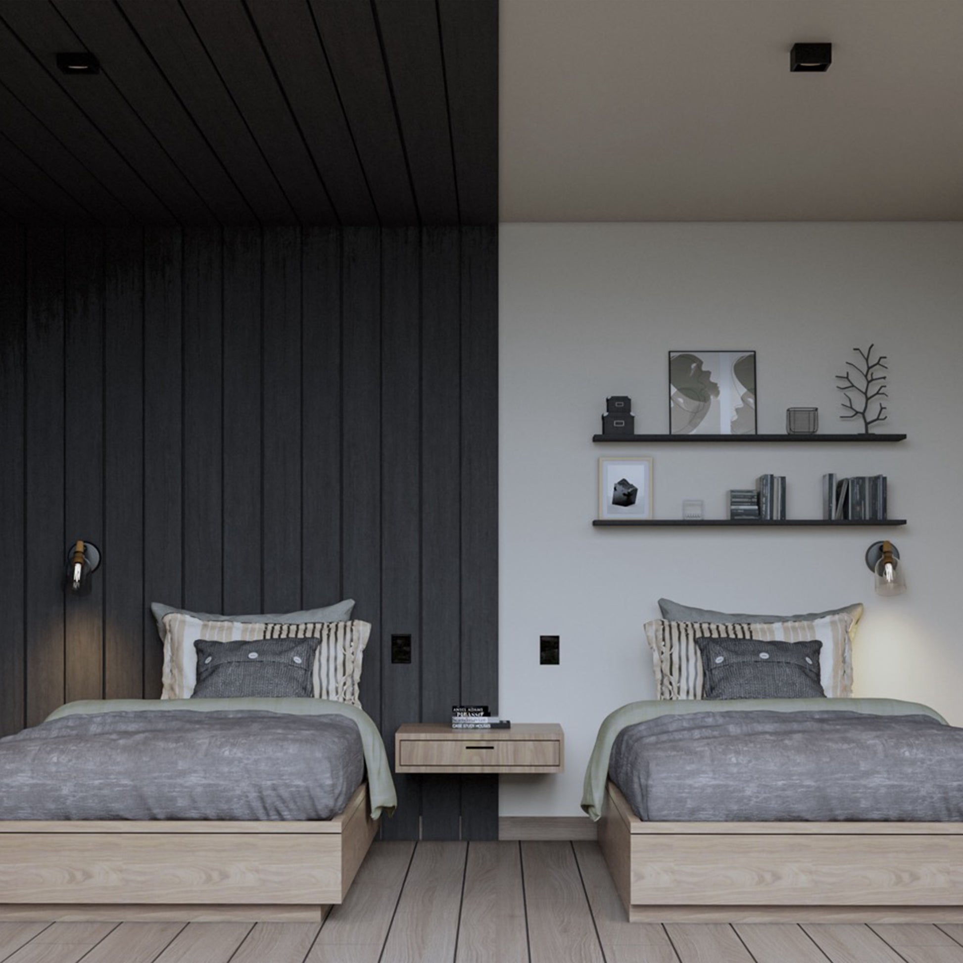 bedroom rendering with single beds, night table and wood panel wall