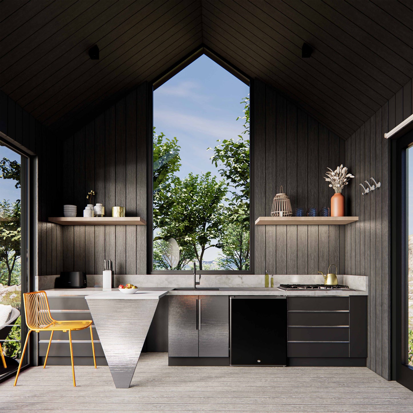 3d rendering of a kitchenette with vaulted ceiling and black wood wall