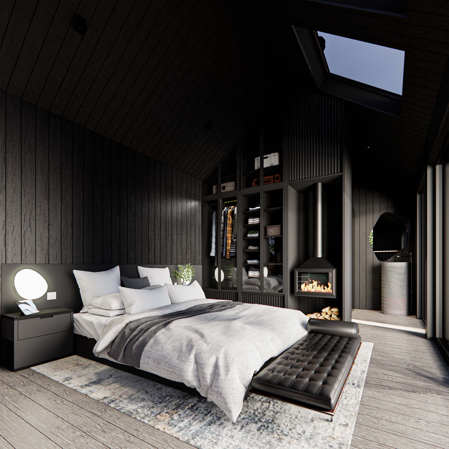 bedroom rendering with skylight, closet, chimney, black wood furniture 