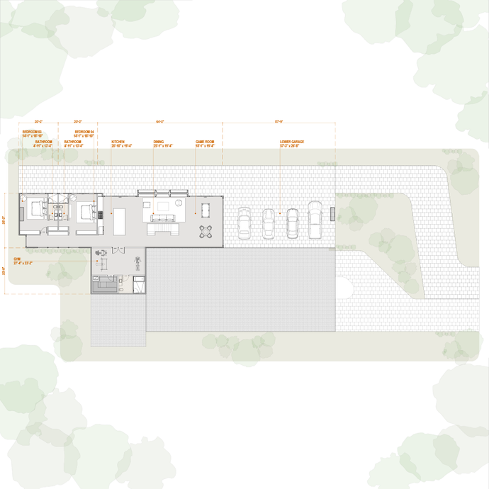 The Car's Collector Basement Floor Plan with two bedrooms with their full bath each. Work out area with a sauna and bathroom. A family room with a fire place, wet bar and kitchentte and game room. A Lower garage for four cars that connects to the main level. 