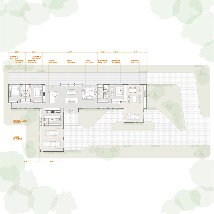 The Car's Collector Main Level Floor plan with 3 rooms with full bathrooms, open concept social area, workshop and garage for 3 cars. 