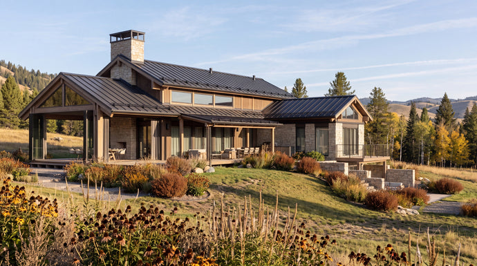 The Hunters Lodge: A large modern mountain-style house with dark metal roofing, wood siding, and stone walls, situated on a grassy hillside with trees and shrubs in the foreground under a blue sky.