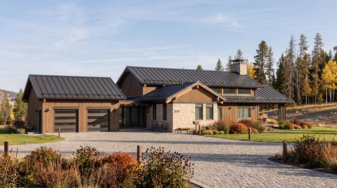 The Hunters Lodge: A modern single-story log cabin style home with dark metal roofs, horizontal wood siding, and a stone facade, set on a gravel driveway with landscaped landscaping and trees in the background.