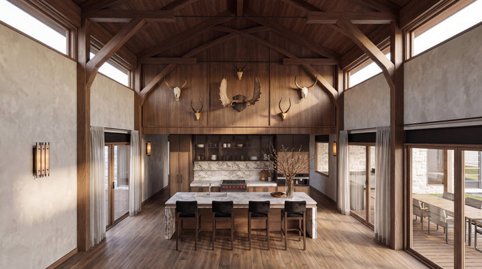 The Hunters Lodge: A high-ceilinged rustic interior with exposed wooden beams, a long dining table with bar stools, a stone kitchen area, and mounted antlers and taxidermy on the wood wall.