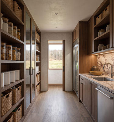 The Hunters Lodge:  outdoor kitchen pantry behind the main kitchen and leads to the outside grill and dining table.
Wolf and Sub-Zero appliances, floor-to-ceiling  cabinetry