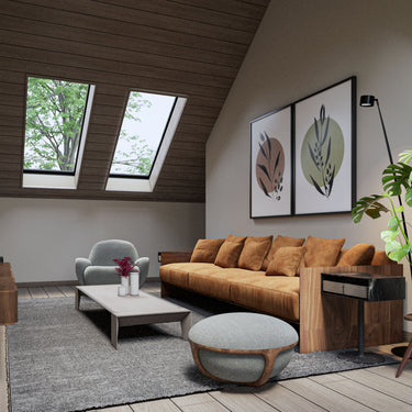 tv room rendering with skylights, large sofa, center table and art work