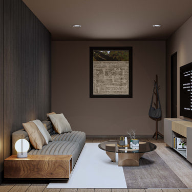 living rendering with large sofa, center table and table lamp