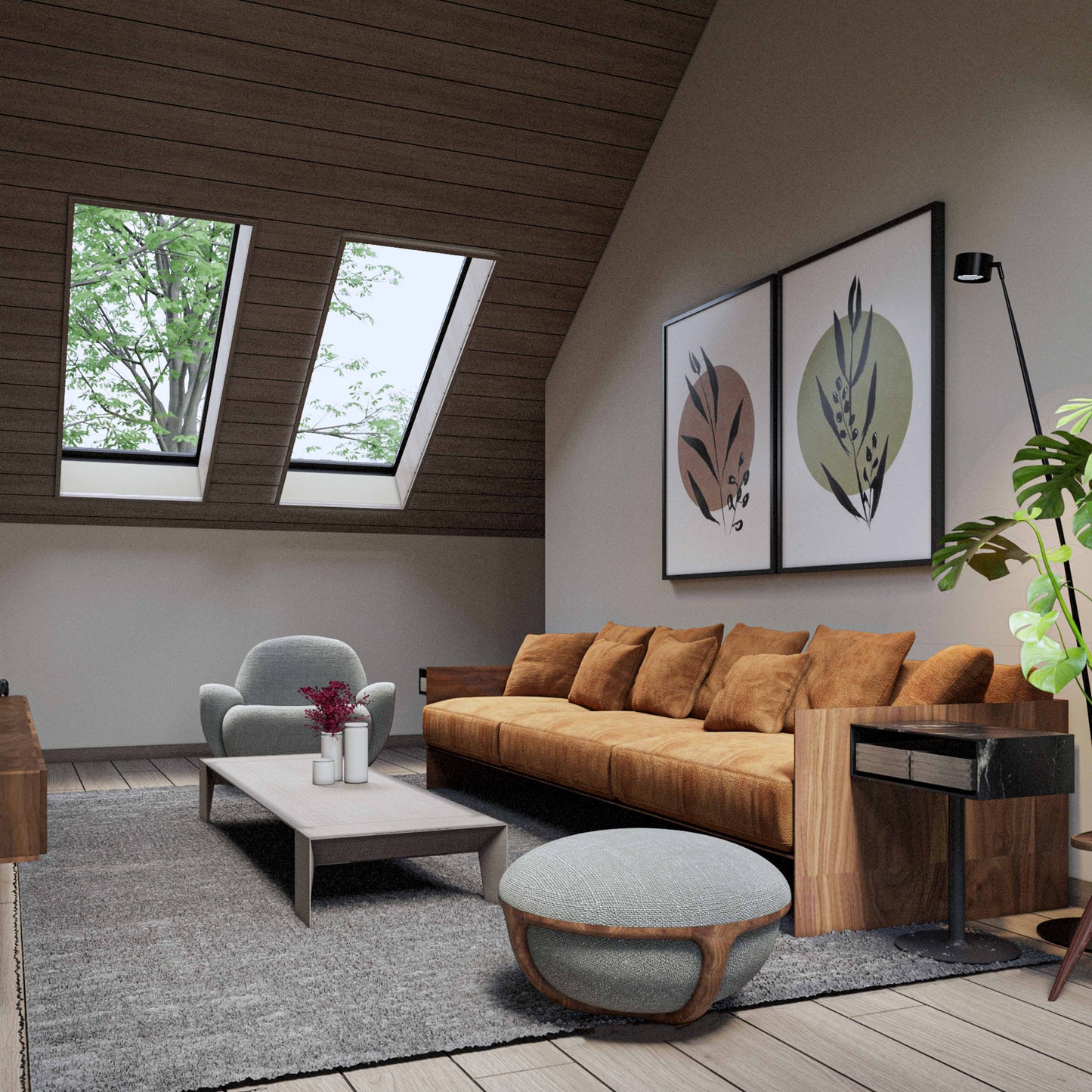 living design rendering with vaulted ceiling, skylights in a barndominium