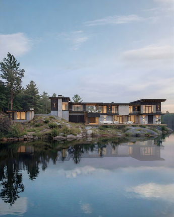 The Writers Residence, a modern house by the Ozarks lake with trees in the background. A two-level home with walk-out terraces, five baths, four bedrooms, and a total of 9,311 heated sq ft. 