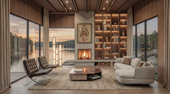 The Writers Residence is a modern mountain home with a living room that features a fireplace, a bookshelf, and expansive floor-to-ceiling windows overlooking the Ozark Lake.