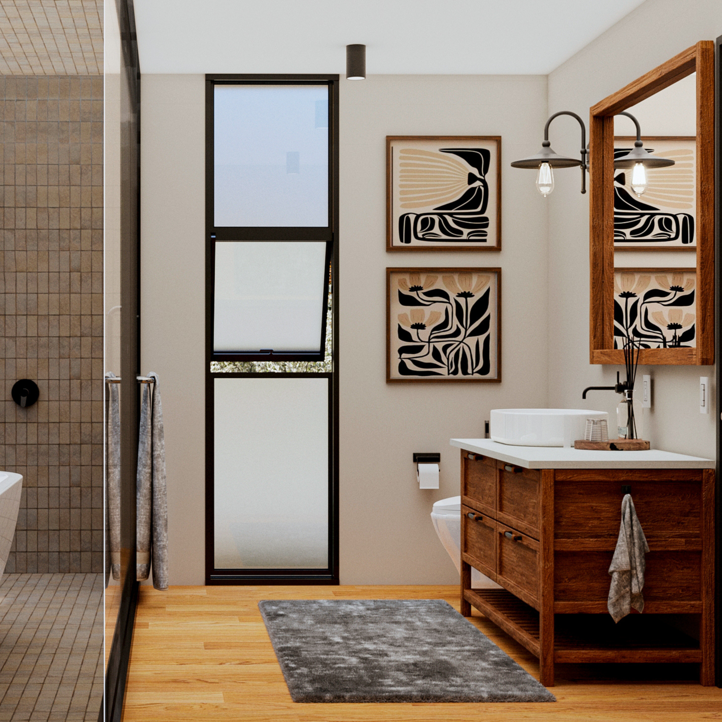 Modern bathroom with a rustic wooden vanity, white vessel sink, and matte black faucet. A large framed mirror and industrial-style light fixture add character. Frosted windows provide natural light, complemented by abstract wall art and a soft gray rug on warm wooden flooring