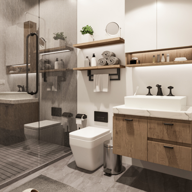 Modern minimalist bathroom with double vessel sinks on a light stone countertop, wood slat vanity with open shelving, large backlit mirror, walk-in shower with glass door, natural wood accents, gray floor tiles, and cozy slippers on a gray rug.