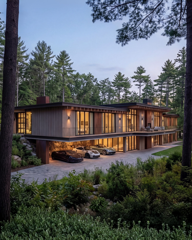 The Car's Collector is a modern custom home design with a focus on showcasing the luxury cars with expansive floor-to-ceiling windows surrounded by trees at dusk.