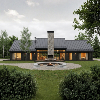 The Snowy Owl's Lair, a modern house in a L shaped layou with a fire pit area in the backyard. Expansive floor-to-ceiling windows, vaulted ceilings, and a double-sided fire pit. 