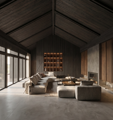 Casa del Prado - A modern, high-ceilinged living room with dark wood-paneled walls and ceiling, featuring a large sectional sofa, ottomans, a coffee table, built-in shelving, and a fireplace.