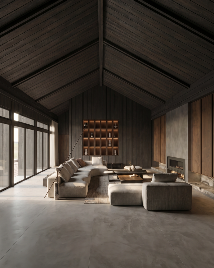 Casa del Prado - A modern, high-ceilinged living room with dark wood-paneled walls and ceiling, featuring a large sectional sofa, ottomans, a coffee table, built-in shelving, and a fireplace.