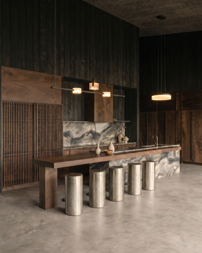 Casa del Prado - A modern interior space with a long wooden bar or counter set over a marble-topped island, supported by six cylindrical metallic stools. The room features dark wood-paneled walls, a concrete floor, pendant lights, and a marble backsplash.