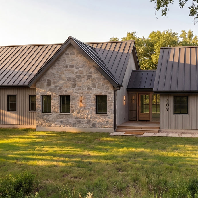 The Cedar Residence - A modern farmhouse-style house exterior featuring a stone facade on one section, horizontal siding on others, a dark metal roof, and a grassy lawn in the foreground.