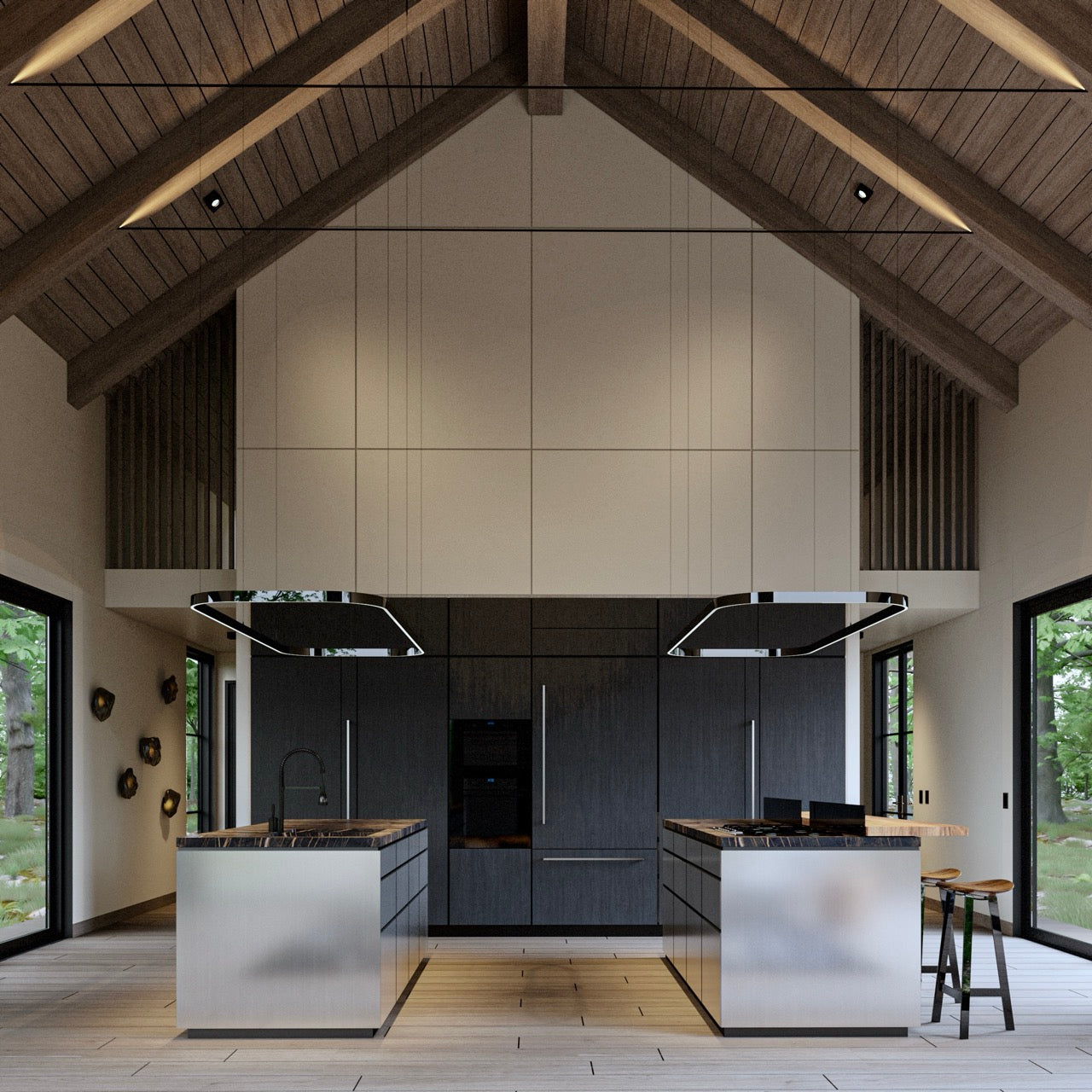 kitchen design with vaulted ceiling, pendant lamps, double island with barstools