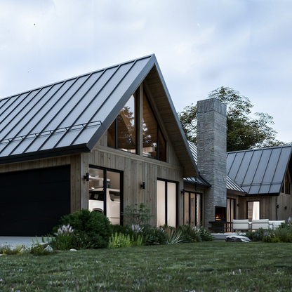 A front view of a modern cabin featuring three connected gable-roofed sections. The building has a light natural wood exterior and black metal roofs. Large triangular windows are present on the two outer sections, adding symmetry and allowing ample natural light. The central section has a solid roof without visible windows, contrasting with the open designs on the sides. The structure is surrounded by neatly maintained greenery, with a backdrop of trees and a bright blue sky
