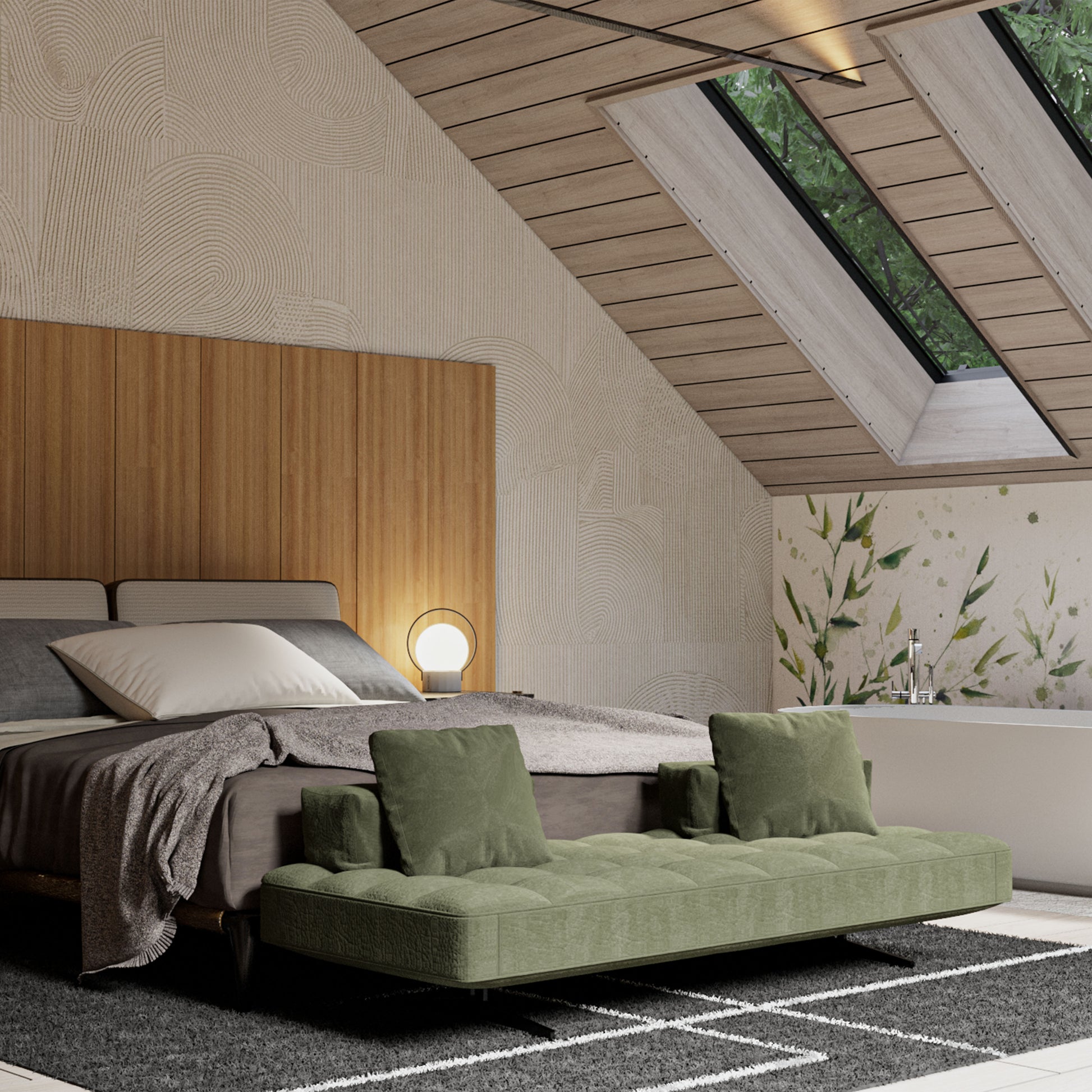 bedroom rendering with skylights, roof wood studs, bench and bed