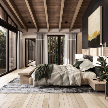 Modern rustic bedroom with exposed wood beam ceiling, large windows with sheer curtains, natural wood bed frame and nightstands, green throw blanket, abstract wall art, indoor plant, and cozy neutral bedding.