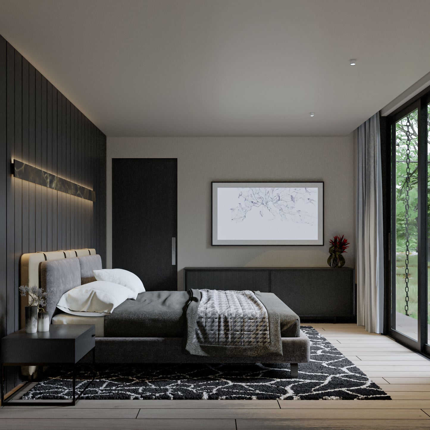 master bedroom rendering with lamp wall, bed, rug, night table and tv in a barndominium