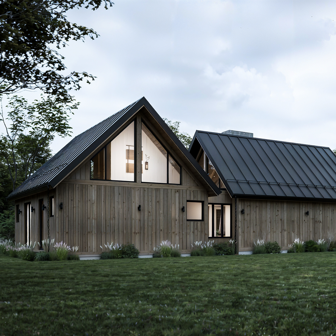 A modern A-frame cabin with a sloped black metal roof and wooden exterior set against a natural background of trees and grass. The structure includes large glass windows, a prominent chimney with smoke rising, and an adjacent garage. The scene is illuminated by soft daylight, emphasizing the clean lines and natural materials of the design